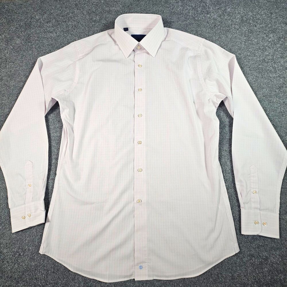 David Donahue Men's Trim Fit White Check Dress Shirt 16.5 36/37 Long Sleeve